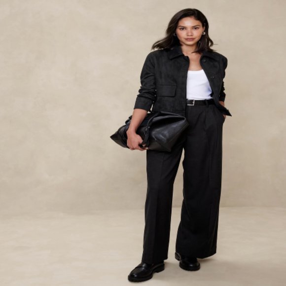 NWT Banana Republic Wide Leg Flannel Trouser Pant 10 Black A445 - Picture 1 of 4